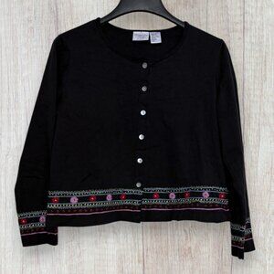 Johnny Was JW Mini Cropped Cardigan Black Embroidered Floral Cotton Knit Top S